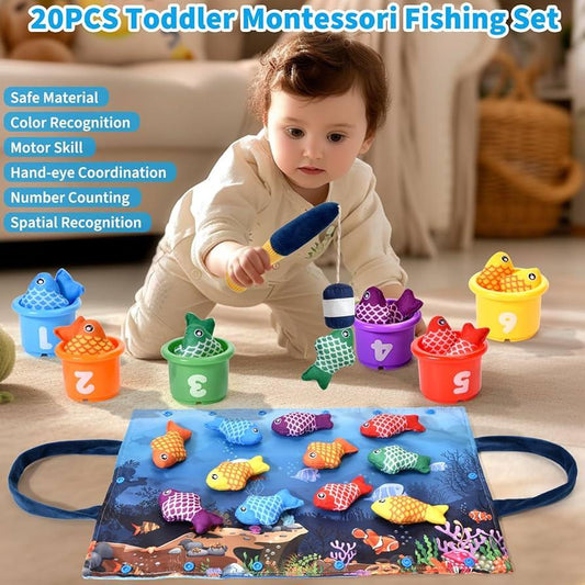 Hahaland Montessori Toy 1+ – Cloth Fishing Game with Stacking Cups for Toddlers 1–3